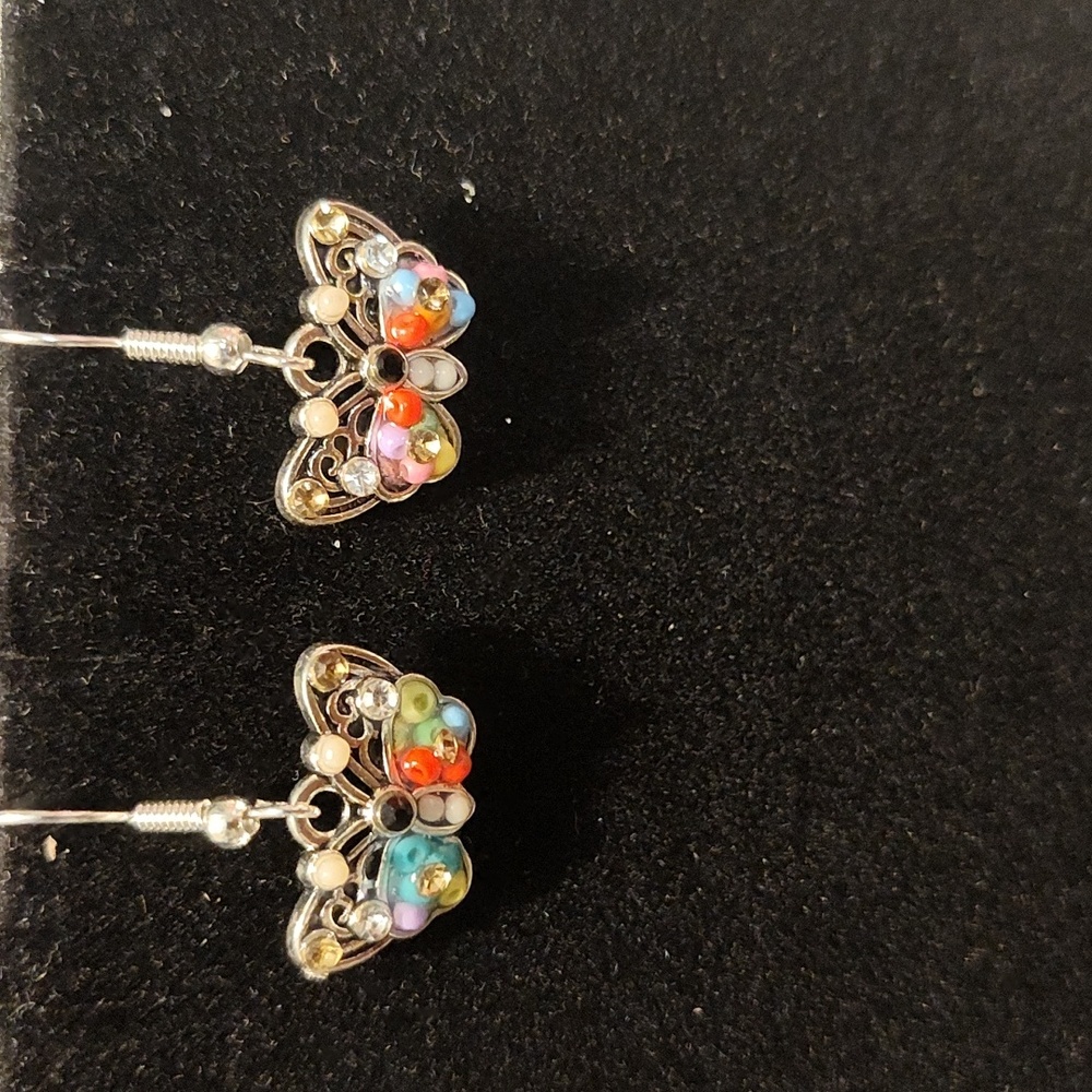 Beaded silver & multi color beaded butterfly earrings